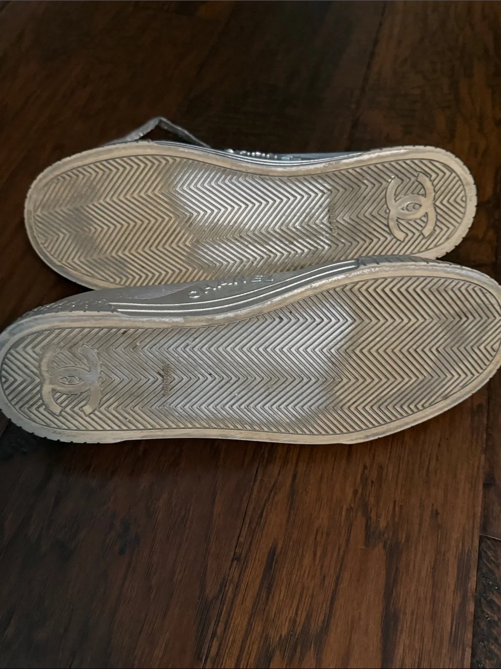 CHANEL Metallic Silver Leather Sneakers with Glitter Laces